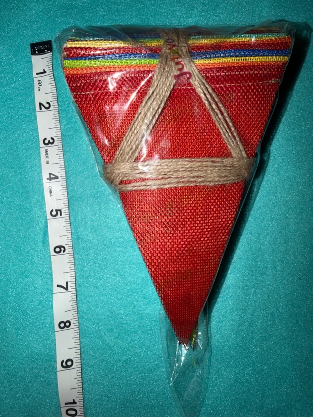 Multi-Color Triangle Fabric Hanging Pennant Banner with Jute Accent